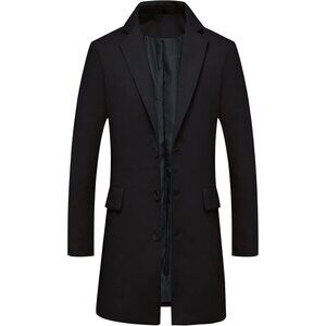Men's Black Classic Wool Blend Single-Breasted Trench Coat Mid-Length Overcoat